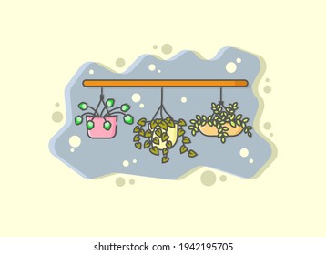Hanging plant vector set with gray decoration on beige background. vector plant. vector illustration. flat cartoon. can be used for backgrounds, wallpapers, and banners
