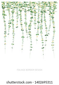 Hanging plants with flowers. Ivy greenery wall. Simplistic foliage border. Vertical isolated vector decoration.