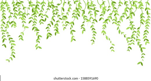 Hanging plants with green leaves. Simplistic foliage border. Vertical isolated vector decoration.