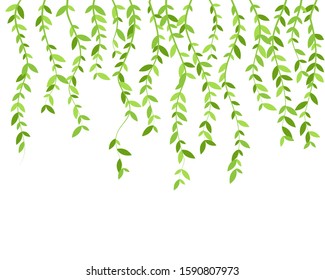 Hanging Plants With Green Leaves. Simplistic Foliage Border. Vertical Isolated Vector Decoration.