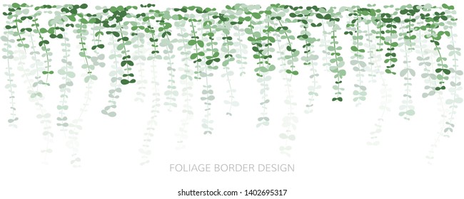 Hanging plants. Ivy greenery wall. Simplistic foliage border with layered effect. Vertical isolated vector decoration.