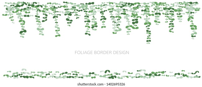 Hanging plants. Ivy greenery wall with falling leaves. Simplistic foliage borders. Horizontal isolated vector decoration.