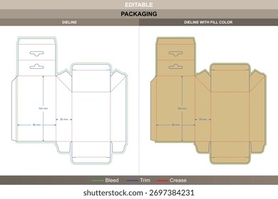 Hanging polygonal display box dieline developed using vector control improving printing balance packaging fold ladder type die line maintains complex geometric stability