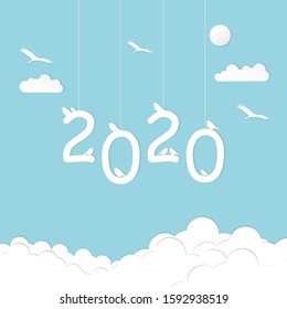 Hanging portrait 2020 happy new year illustration design with cloud, flying and seated bird in the sky concept. Paper art style.