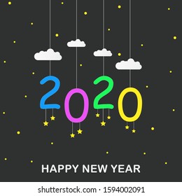 Hanging portrait 2020 happy new year illustration design in dark background with cloud, star, in the sky concept. Flat style.