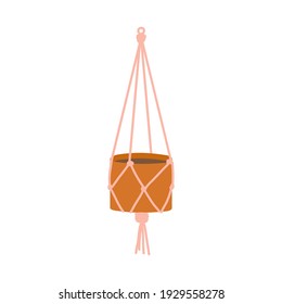 Hanging pot. Macrame hanger for plants. Home decor element. taking care of houseplants hobby. pot for groeing plant in Scandinavian style. Flat cartoon vector icon illustration.
