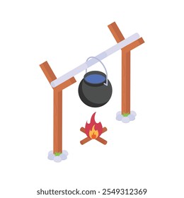 Colgando la olla sobre la fogata para cocinar en la naturaleza