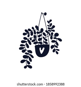 Hanging potted cozy house plant bin doodle style. Monochrome vector illustration isolated on white background. For cards, posters, stickers and professional floral design.