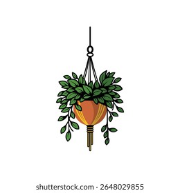 Hanging potted plant vector illustration in flat design style. Decorative indoor plant with trailing leaves, isolated on white background. Ideal for nature decor, botanical art, and home styling.