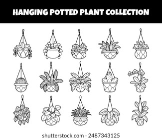 Hanging potted plants outline set vector illustration