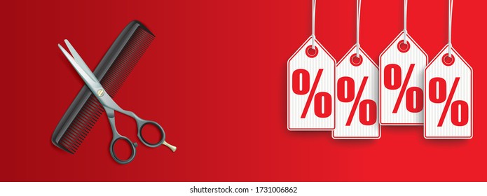 Hanging price stickers with percents with the hairdresser tools on the red background. Eps 10 vector file.