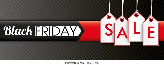 Hanging price stickers with text Black Friday Sale on the dark striped background. Eps 10 vector file.