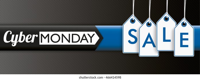 Hanging price stickers with text Cyber Monday Sale on the dark striped background. Eps 10 vector file.