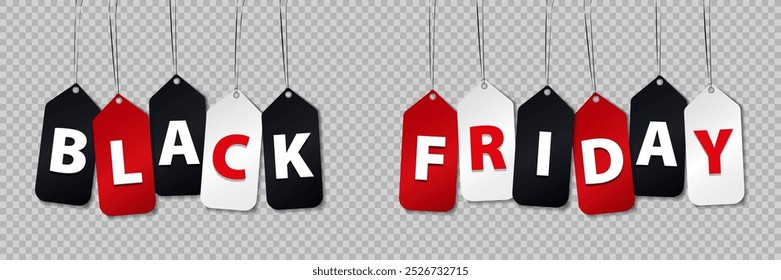 Etiquetas de Precio colgantes con texto de BLACK FRIDAY en negrita letras blancas y rojas en negro, rojo y blanco sobre fondo transparente. Elemento de diseño para compras, ventas, publicidad y promociones