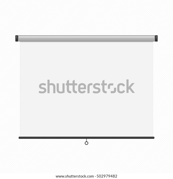 The hanging\
projection screen isolated on white. Empty presentation board,\
blank whiteboard for\
conference.