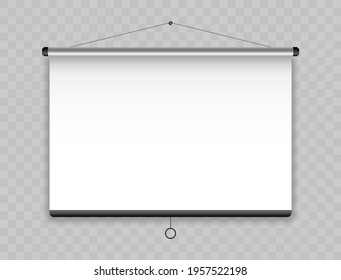 Hanging projection screen. Realistic presentation board. Blank screen for projector. Empty whiteboard for conference. Space for your text and design advertising. Vector illustration.