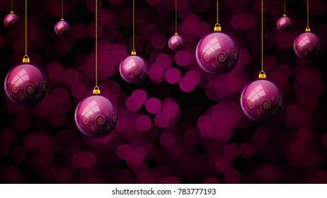 Hanging purple christmas balls on bokeh background