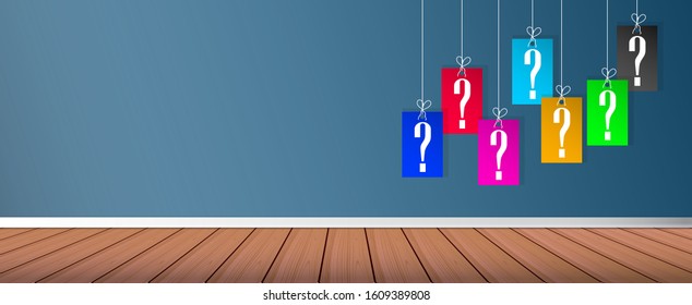 Hanging question stickers header. Question mark hanging concept.