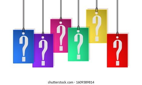 Hanging question stickers header. Question mark hanging concept.