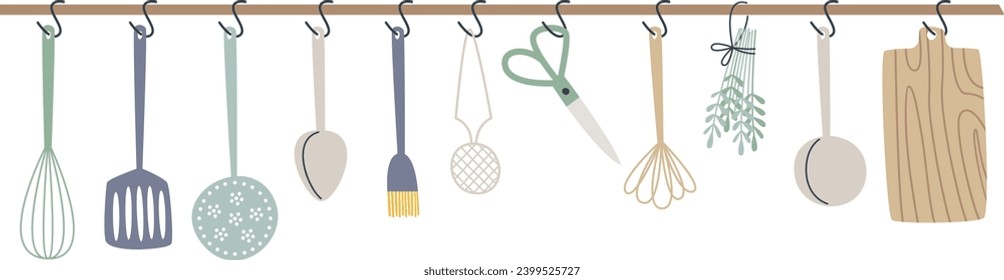 Hanging Rack With Kitchen Utensils Vector Illustration