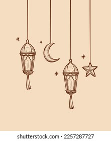 hanging ramadan lantern lights for ramadhan greeting design vector element illustration in sketch hand drawing style