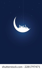  Hanging Ramadan moon and mosque. it represents Muslim Eid Festival. Happy Ramadan. vector illustrations.