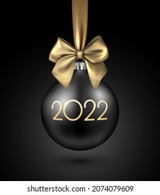 Hanging realistic black Christmas ball with beautiful golden bow. 2022 sign. Vector holiday illustration.
