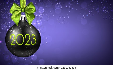 Hanging realistic black Christmas bauble with green bow and 2023 sign. Space for text.