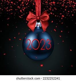 Hanging realistic blue Christmas bauble with red bow and 2023 sign. Red foil confetti. Space for text.