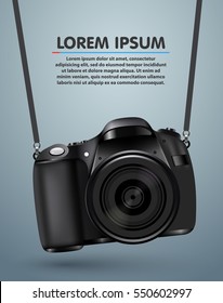 Hanging realistic photo camera. Professional photo studio banner. Vector illustration