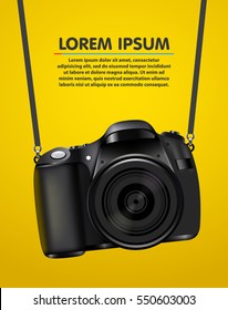 Hanging realistic photo camera. Professional photo studio banner. Vector illustration