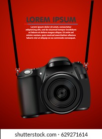 Hanging realistic photo camera. Professional photo studio banner. Vector illustration