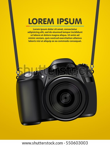 Hanging realistic photo camera. Professional photo studio banner. Vector illustration