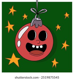 Bola roja colgante como una bola de Navidad groovy sobre fondo verde. Feliz Navidades y feliz año Nuevo groovy tarjeta de felicitación.  Ilustración vectorial.