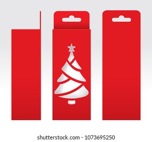 Hanging Red Box window Christmas tree shape cut out Packaging Template blank, Empty Box red Cardboard, Gift Boxes red kraft Package Carton, Premium red box empty (Vector)