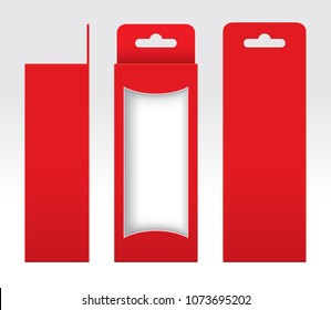 Hanging Red Box window cut out Packaging Template blank, Empty Box red Cardboard, Gift Boxes red kraft Package Carton, Premium red box empty (Vector)
