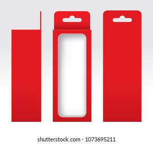 Hanging Red Box window cut out Packaging Template blank, Empty Box red Cardboard, Gift Boxes red kraft Package Carton, Premium red box empty (Vector)