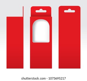 Hanging Red Box window cut out Packaging Template blank, Empty Box red Cardboard, Gift Boxes red kraft Package Carton, Premium red box empty (Vector)