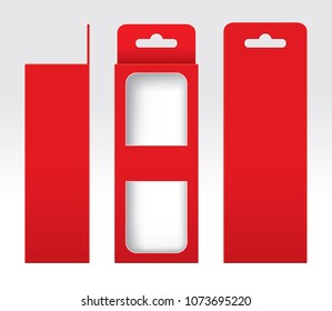 Hanging Red Box window cut out Packaging Template blank, Empty Box red Cardboard, Gift Boxes red kraft Package Carton, Premium red box empty (Vector)