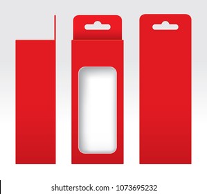Hanging Red Box window cut out Packaging Template blank, Empty Box red Cardboard, Gift Boxes red kraft Package Carton, Premium red box empty (Vector)