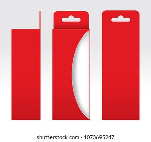 Hanging Red Box window cut out Packaging Template blank, Empty Box red Cardboard, Gift Boxes red kraft Package Carton, Premium red box empty (Vector)