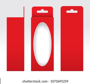 Hanging Red Box window cut out Packaging Template blank, Empty Box red Cardboard, Gift Boxes red kraft Package Carton, Premium red box empty (Vector)