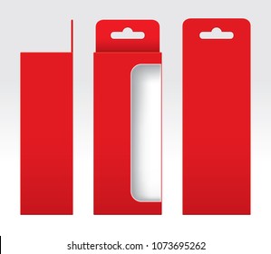 Hanging Red Box window cut out Packaging Template blank, Empty Box red Cardboard, Gift Boxes red kraft Package Carton, Premium red box empty (Vector)