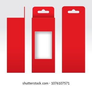 Hanging Red Box window cut out Packaging Template blank, Empty Box red Cardboard, Gift Boxes red kraft Package Carton, Premium red box empty (Vector)