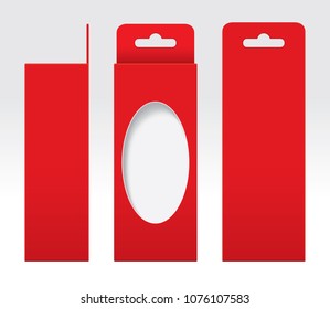 Hanging Red Box window cut out Packaging Template blank, Empty Box red Cardboard, Gift Boxes red kraft Package Carton, Premium red box empty (Vector)