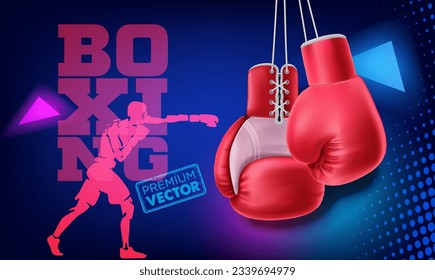 Hanging red boxing gloves. Realistic red double fist vector boxer for punch training 3d vector