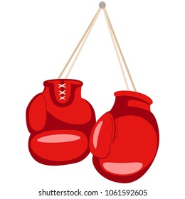 Hanging red boxing gloves. Vector cartoon flat icon isolated on white background.