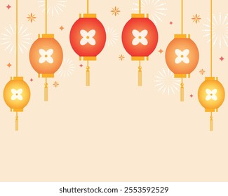 Hanging red Chinese lanterns frame. Decorations for the Chinese New Year. Festive China ornament.