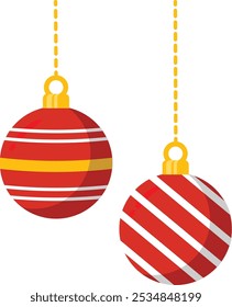 Hanging Red Christmas Ball With White Stripe And Gold Rope Vector Illustration