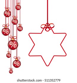 Hanging red christmas baubles with percents on the white  background. Eps 10 vector file.